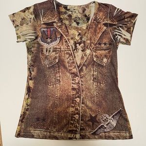 One World Live And Let Live Top Military US Air Force Denim print Size Medium JD